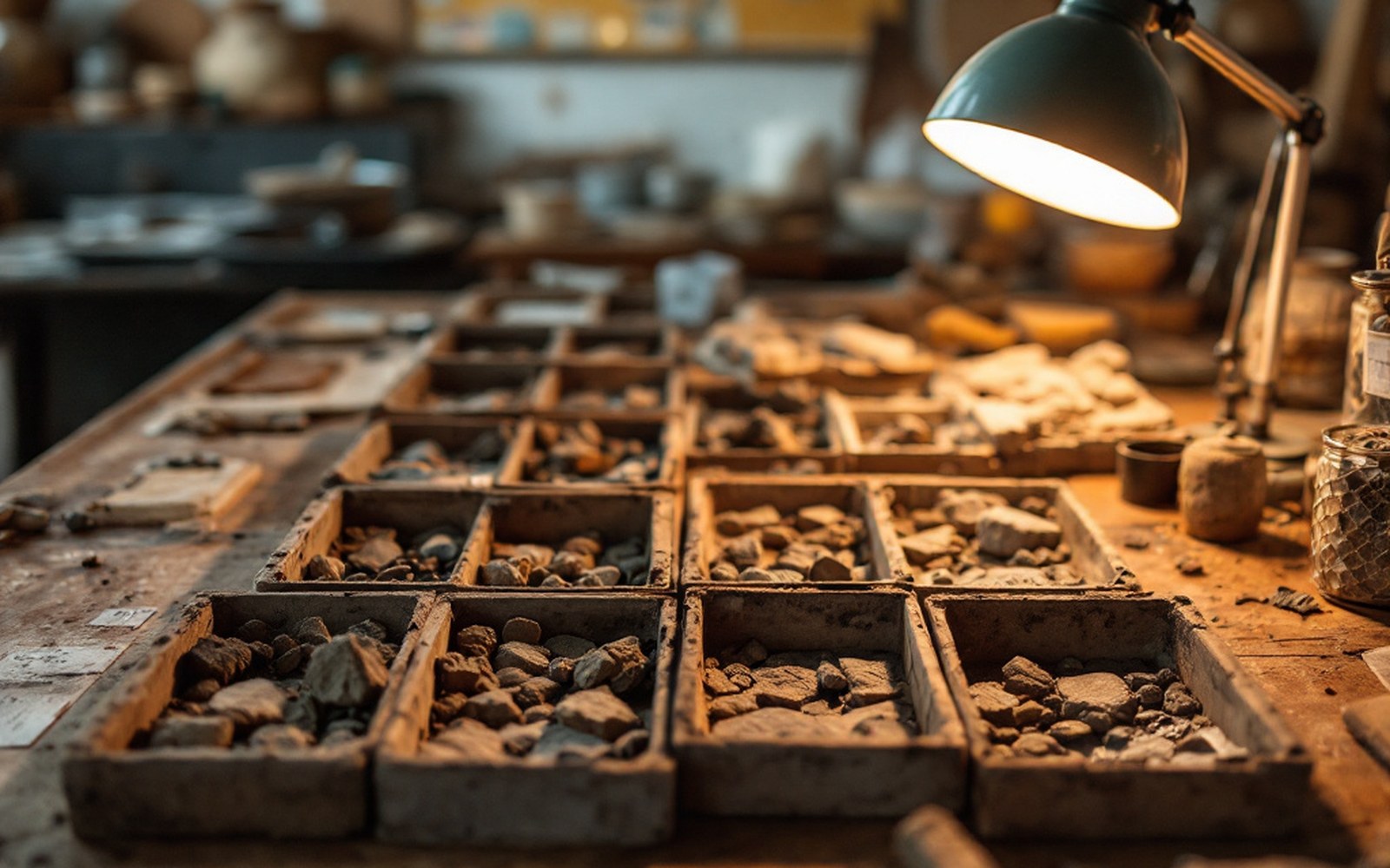 Excavated finds laid out in labelled compartmented trays on a workbench under a lamp
