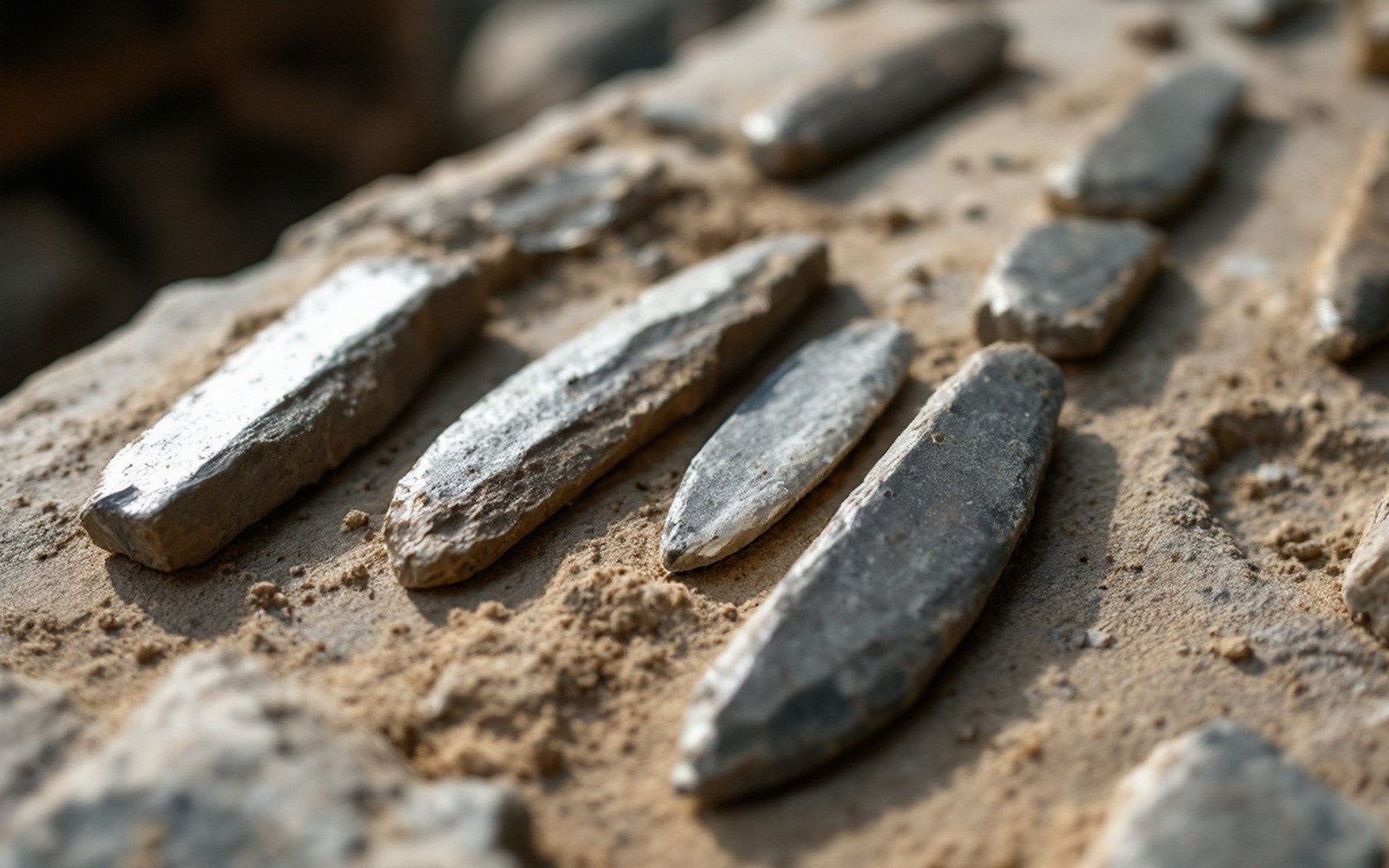 Long narrow struck flint blades laid in a row on a neutral surface