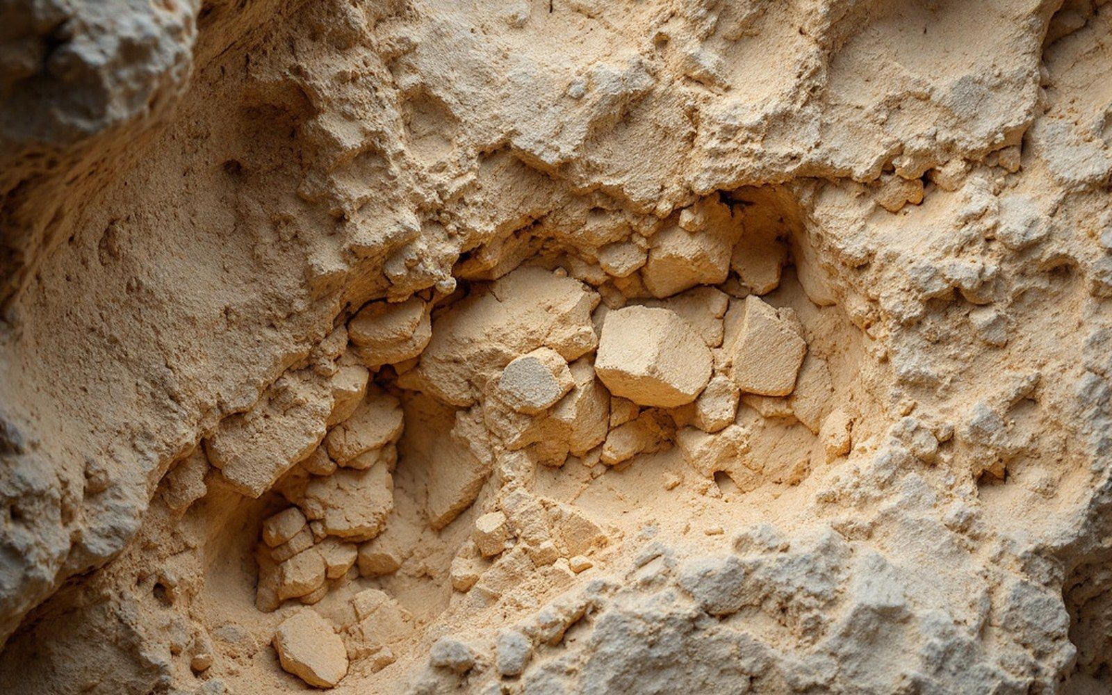 A cut face of pale cave sediment with angular limestone fragments embedded in it