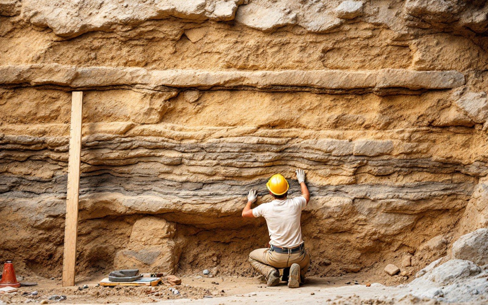 A cleaned excavation section face showing distinct horizontal bands, scale bar against it