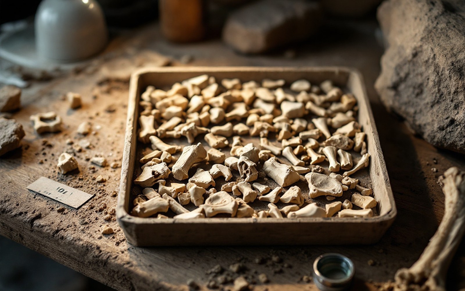 Animal bone fragments arranged in a labelled tray on a bench