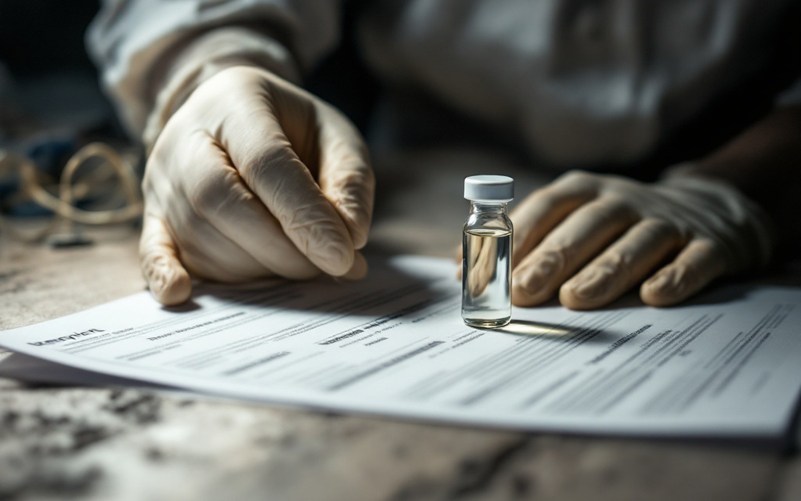 A sample vial and a printed laboratory report, gloved hands steadying the vial