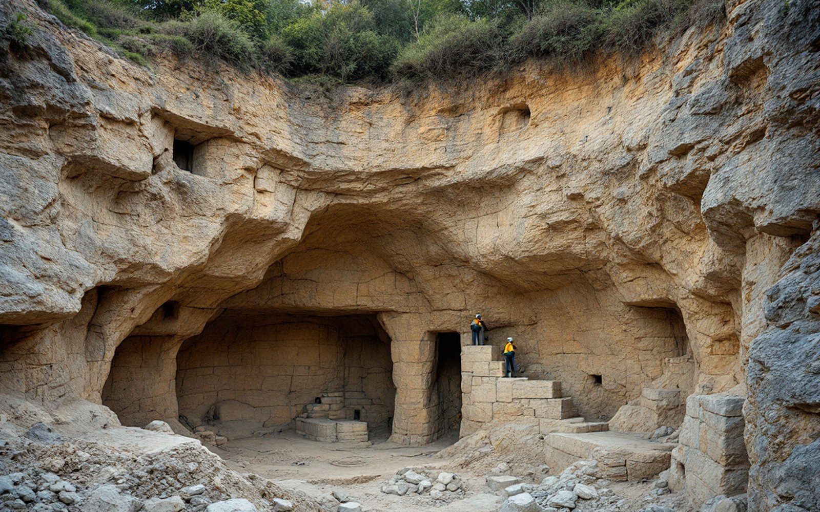 A quarried limestone face with exposed rock benches and scrub above