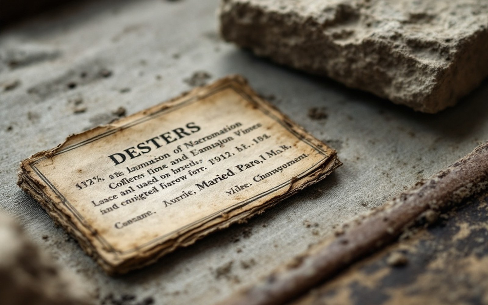 An old museum specimen label beside a newer printed one on a tray