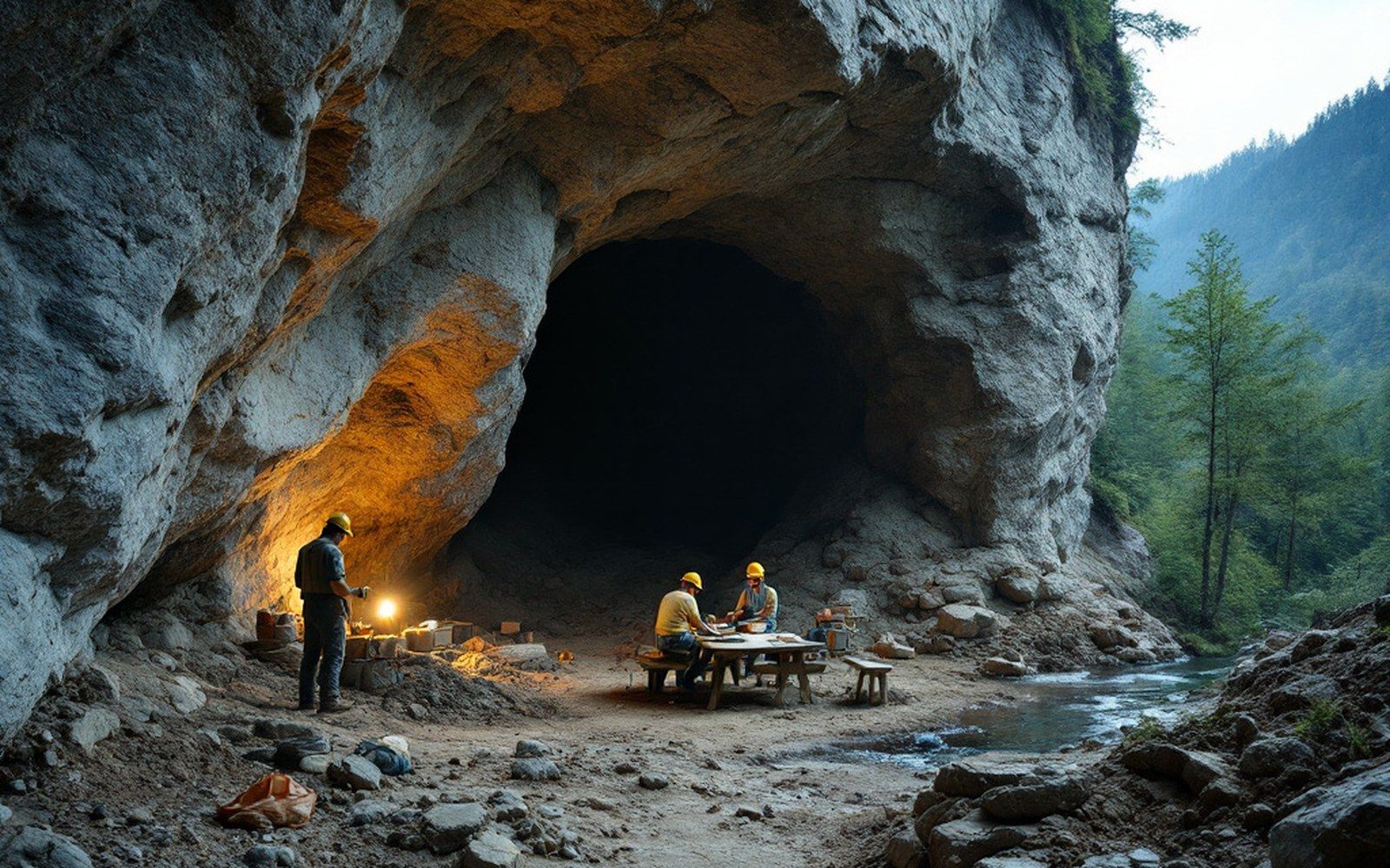 A limestone cliff with a dark cave mouth part way up, wooded river valley below
